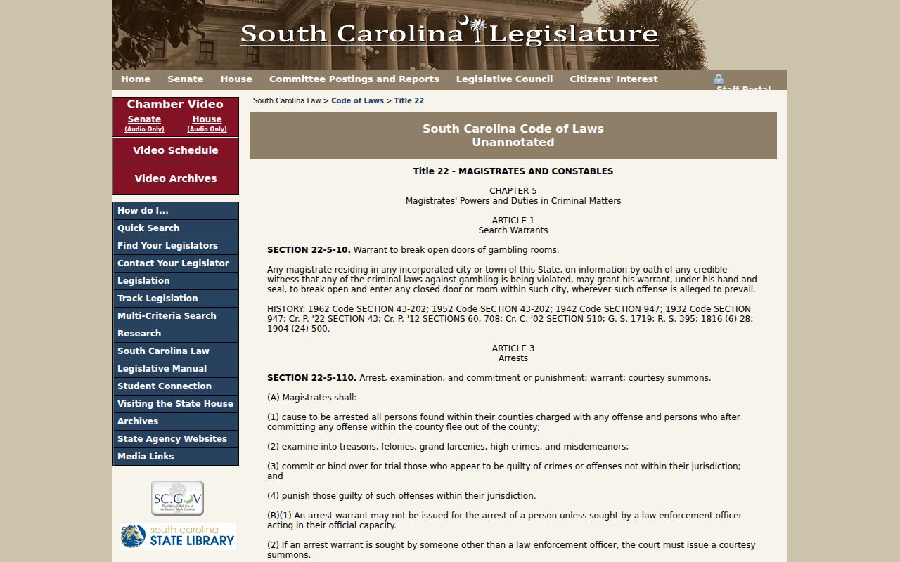 South Carolina statute reference for magistrate arrest warrants and summonses