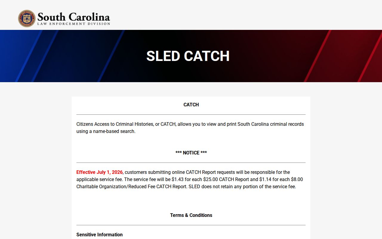 SLED CATCH criminal-history search fields relevant to Chester County warrant searches