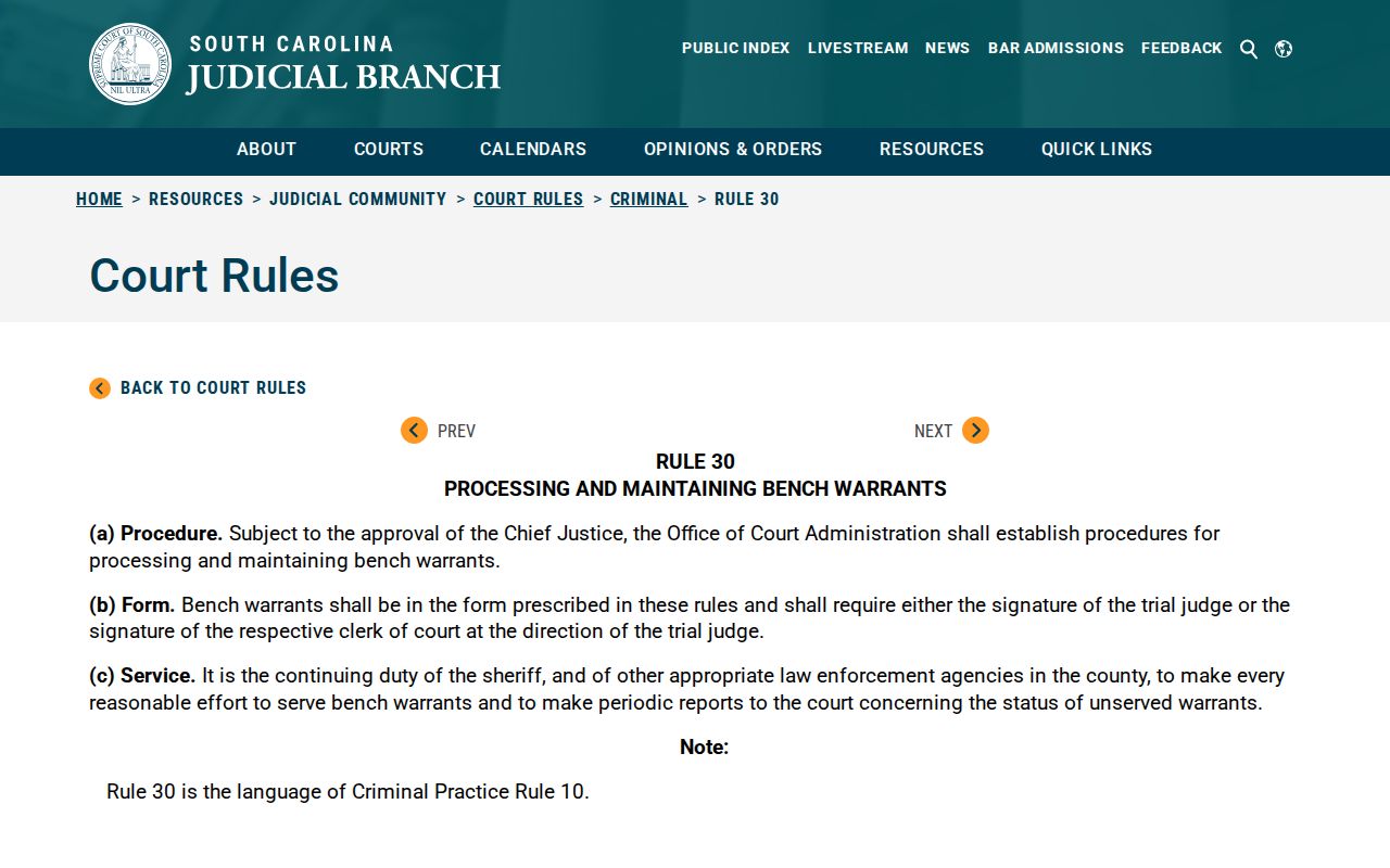 South Carolina Criminal Rule 30 bench-warrant processing reference