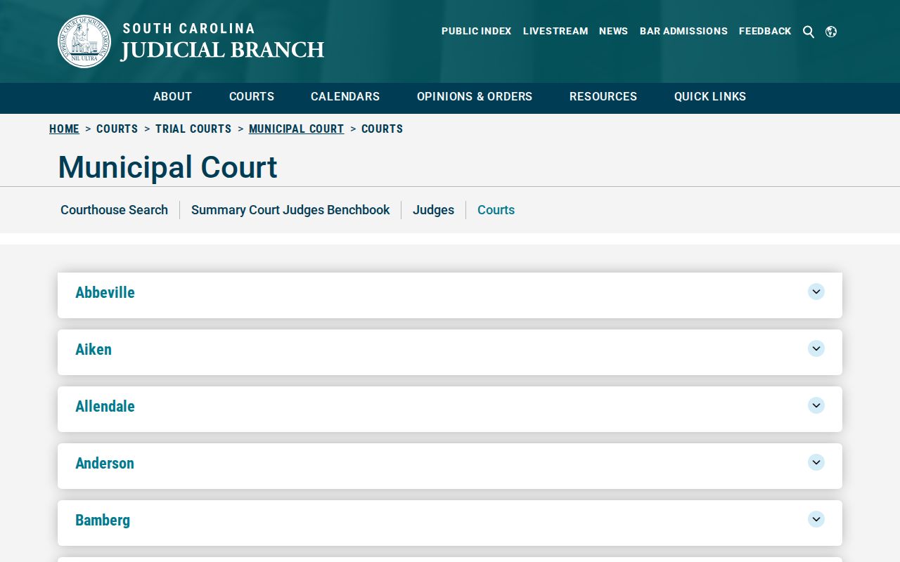 South Carolina municipal-court directory entries for Chester County communities