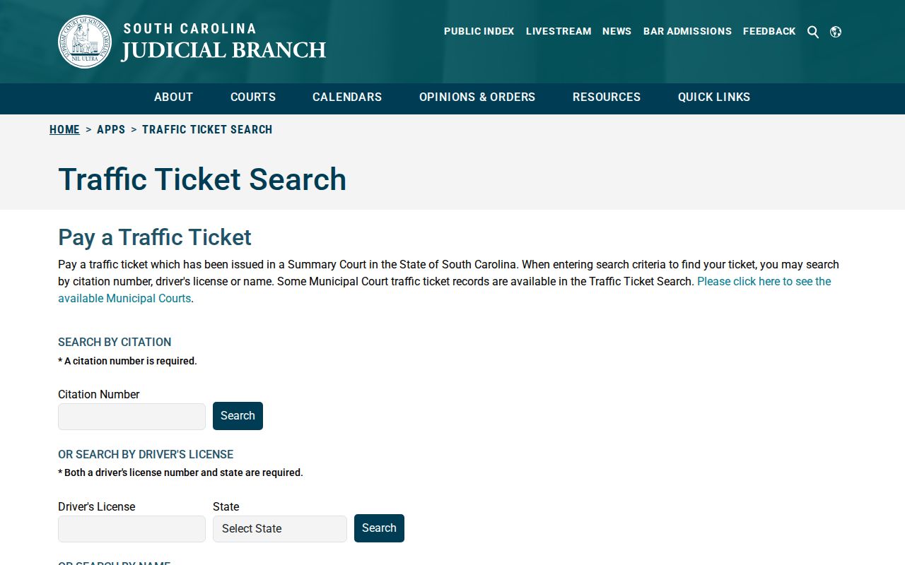 South Carolina traffic search fields for a Chester County citation